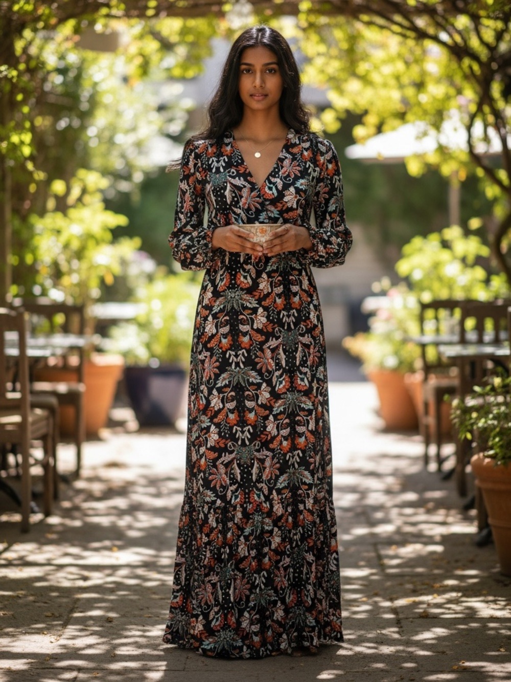 Eci Boho Gypsy Long Sleeve Floral Maxi Tiered Dress Womens Size Small